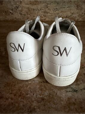 Stuart Weitzman White Leather Sneakers with Silver Accents